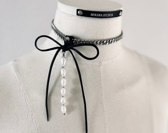 Ras de cou avec ruban en cuir NR1 et pointes de perles, collier fabriqué à la main, édition limitée, pour femme et homme-STUDIOS MEKERA