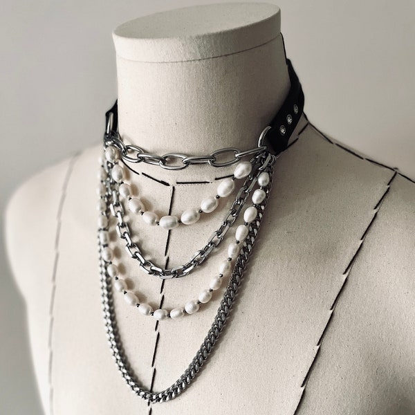 LXXP1 Pearl Leather Choker Limited Edition Handcrafted  Necklace Chain For women For men - MEKERA STUDIOS