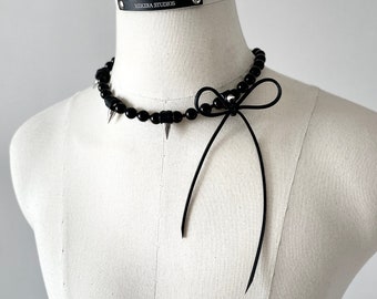 Leather Ribbon Necklace NR3 Onyx Spike bow Limited Edition Handcrafted choker For women For men-MEKERA STUDIOS