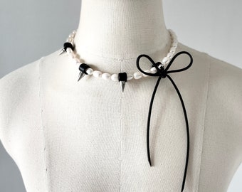 Leather Ribbon Necklace NR4 Pearl Spike bow Limited Edition Handcrafted choker For women For men - MEKERA STUDIOS