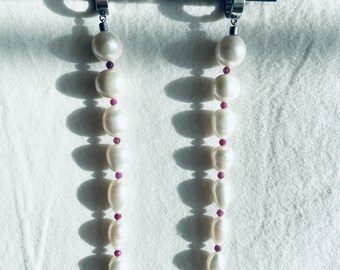 ES4-Pearl Ruby Earrings Long chain The Y collection Limited Edition Handcrafted bodychain - MEKERA STUDIOS