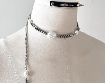 Gothic Pearl Spike Choker Necklace, Unisex Stainless Steel Chain Choker, Punk Layered Jewelry Bracelet Baroque pearl / F-6