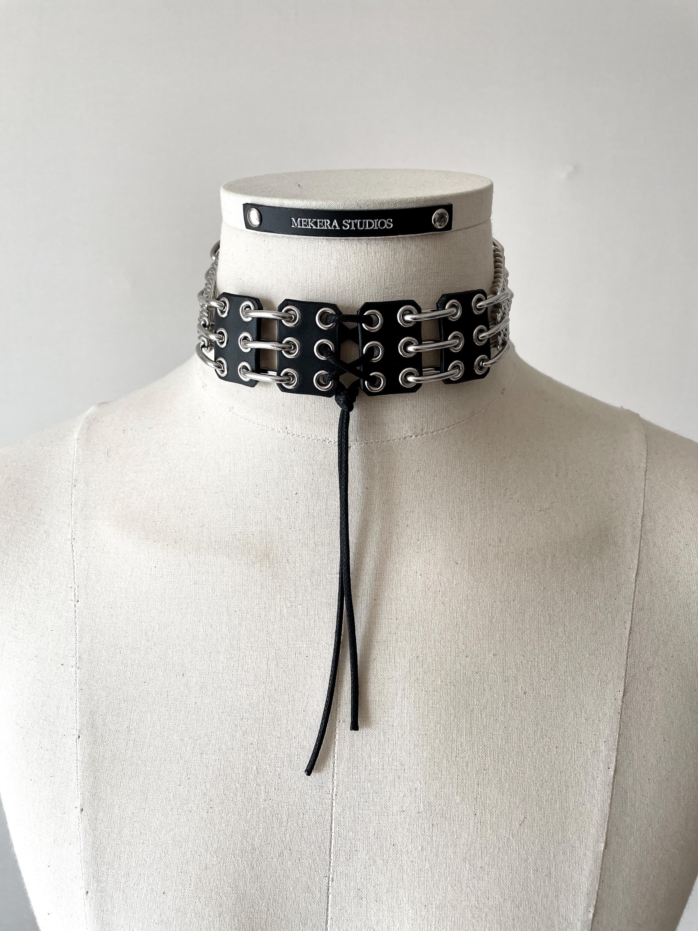 Black Corset Leather Choker NP4 : Punk Goth Necklace Handcrafted
