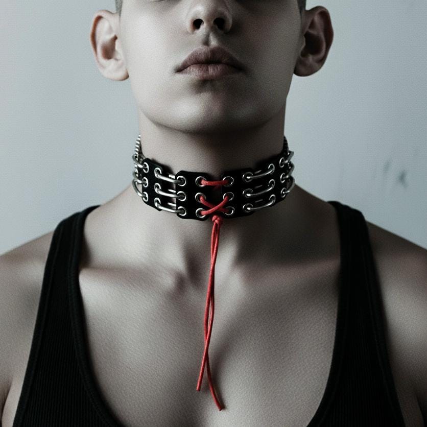 Black Corset Leather Choker NP4 : Punk Goth Necklace Handcrafted
