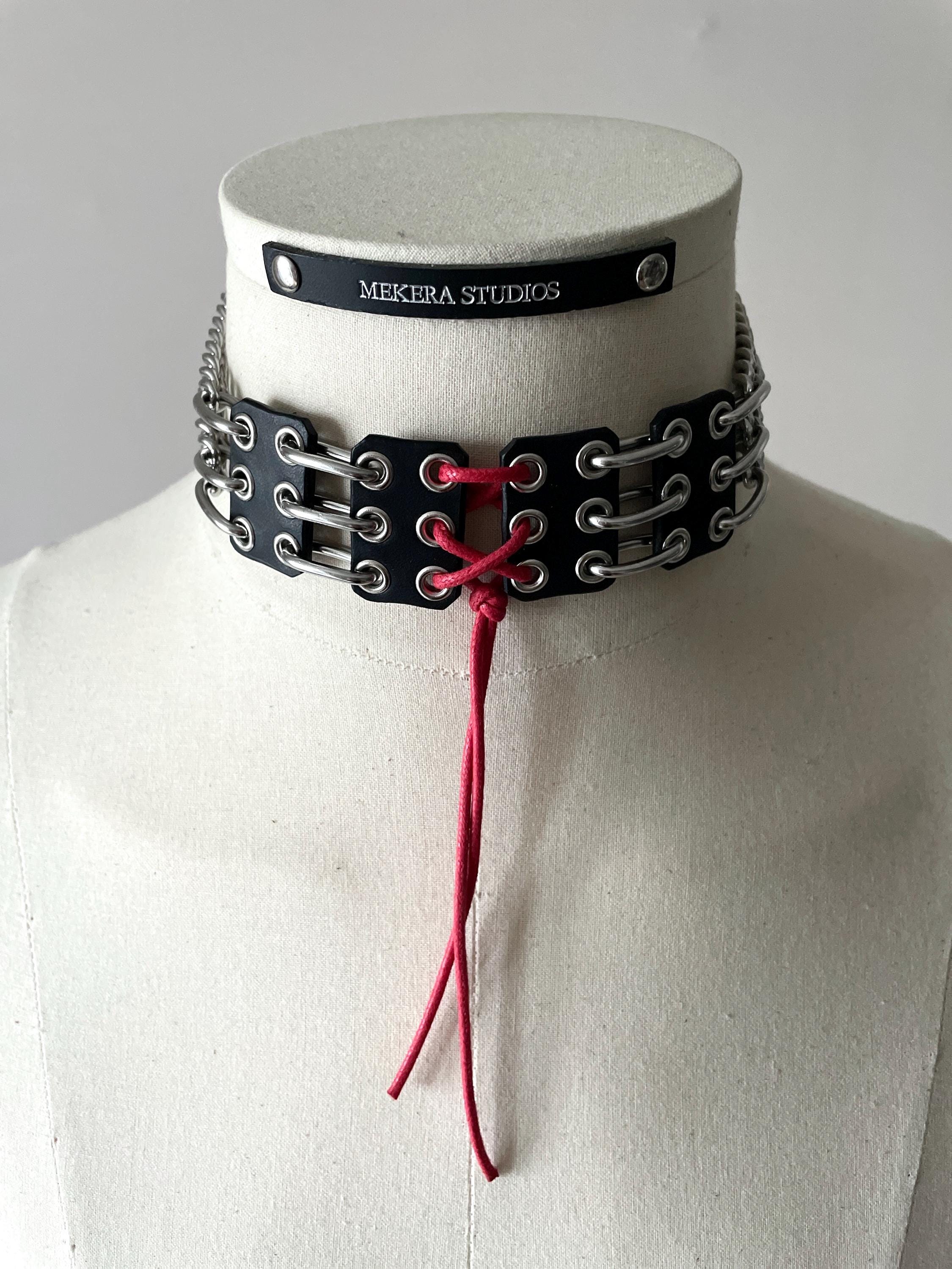 Black Corset Leather Choker NP4 : Punk Goth Necklace Handcrafted
