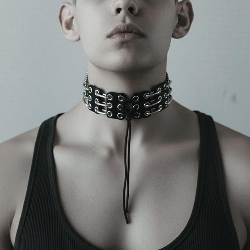 Black Corset Leather Choker NP4 : Punk Goth Necklace Handcrafted