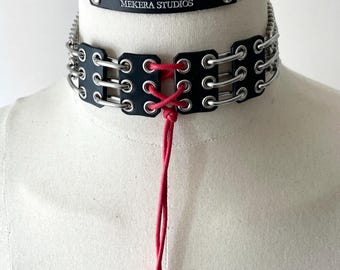 Gargantilla de cuero con corsé rojo NP4 Punk Grunge Gótico Collar con pinchos Edición limitada Hecho a mano Para mujeres Para hombres - MEKERA STUDIOS