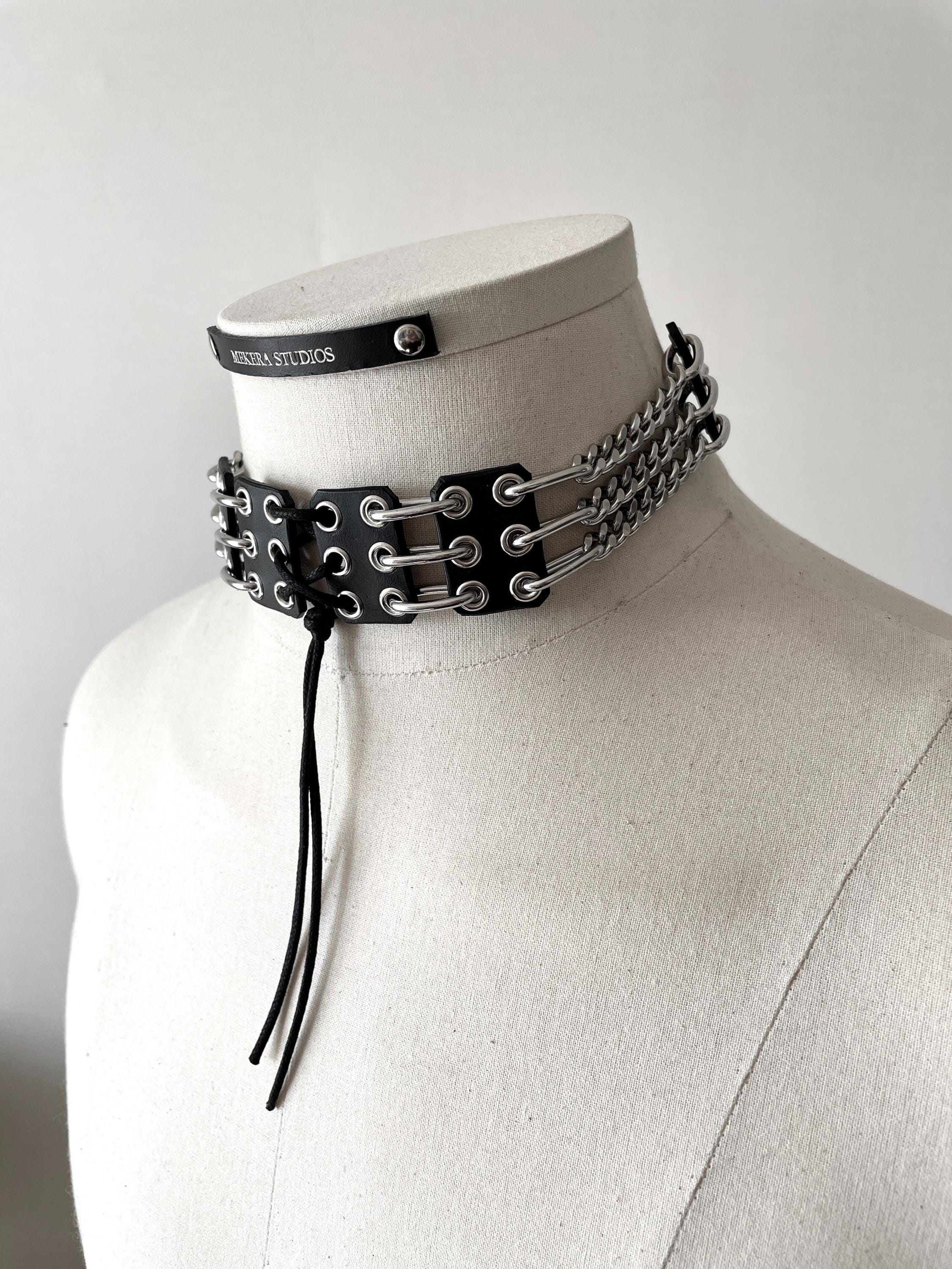 Black Corset Leather Choker NP4 : Punk Goth Necklace Handcrafted