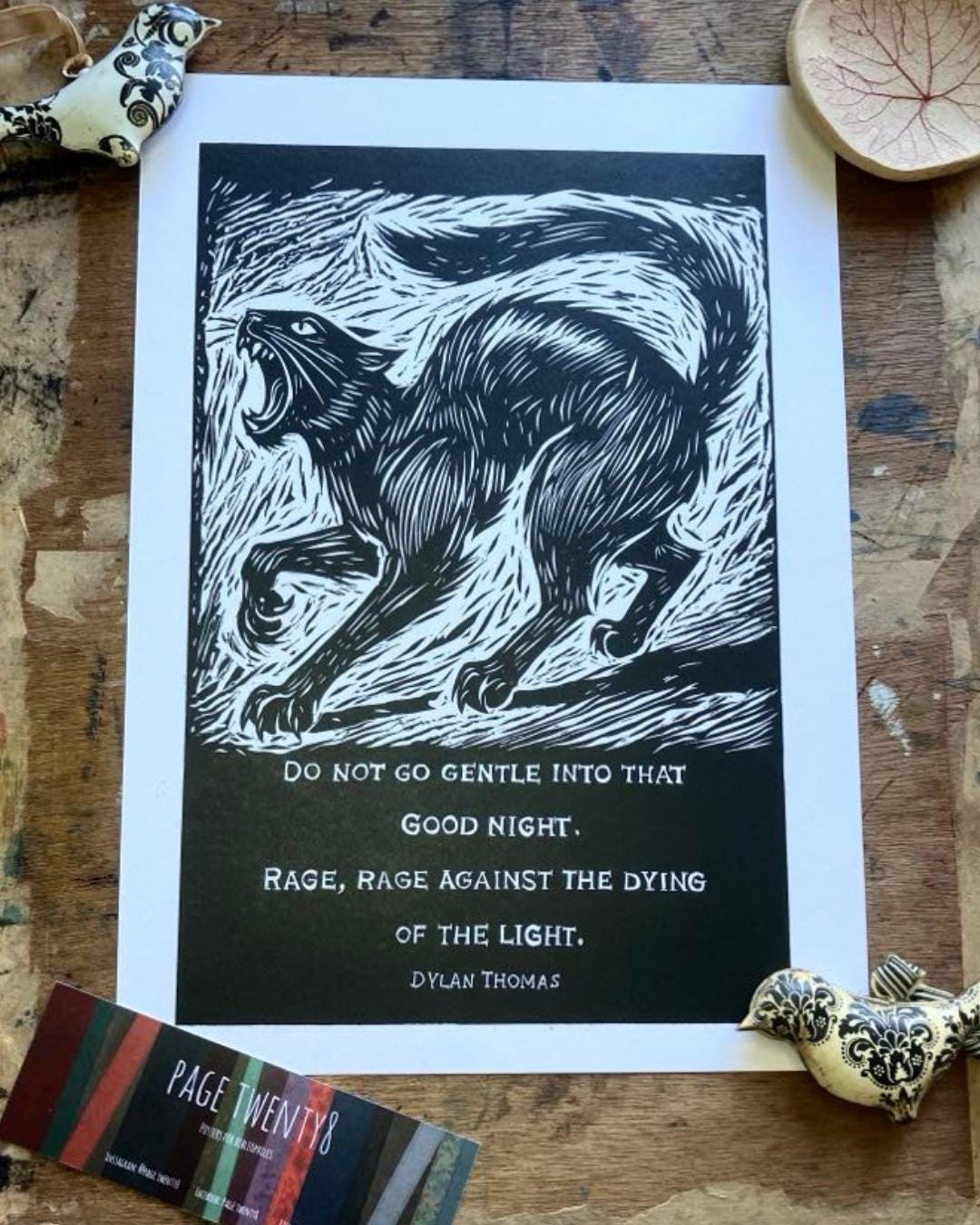 Do Not Go Gentle Linocut Print - Lino Print Poster - Dylan Thomas Art - Handprinted Gift - Sabo Tabby Print - Poetry Poster - Handmade Art