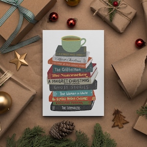 Kerstromans wenskaart. Winterboeken gezellige kerstkaart. A5 geïllustreerde kaart. Handgeletterd boekenclubbibliotheekcadeau.