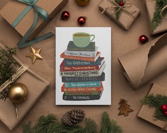 Christmas novels holiday greetings card. Winter books cozy christmas card. A5 illustrated card. Hand lettered book club library gift.