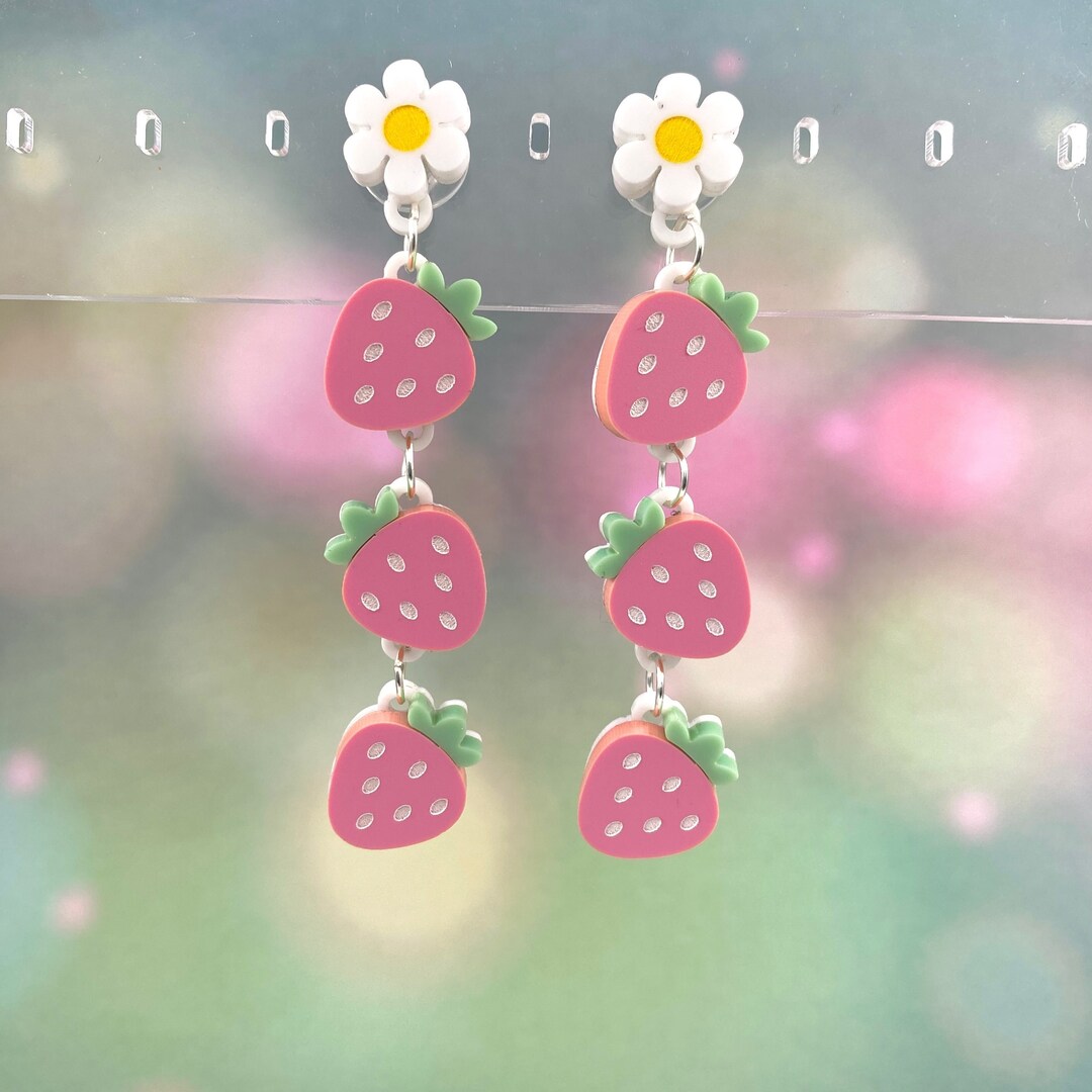 Strawberry Seed Sterling Silver Charm Dangle Earrings