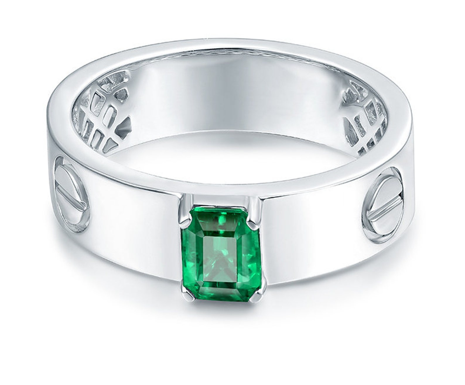 Genuine Emerald Men Ring14k White Gold RingMen Silver Etsy