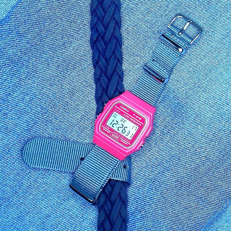 Casio Retro F91W Pink Watch on Grey Nylon Nato Strap Etsy
