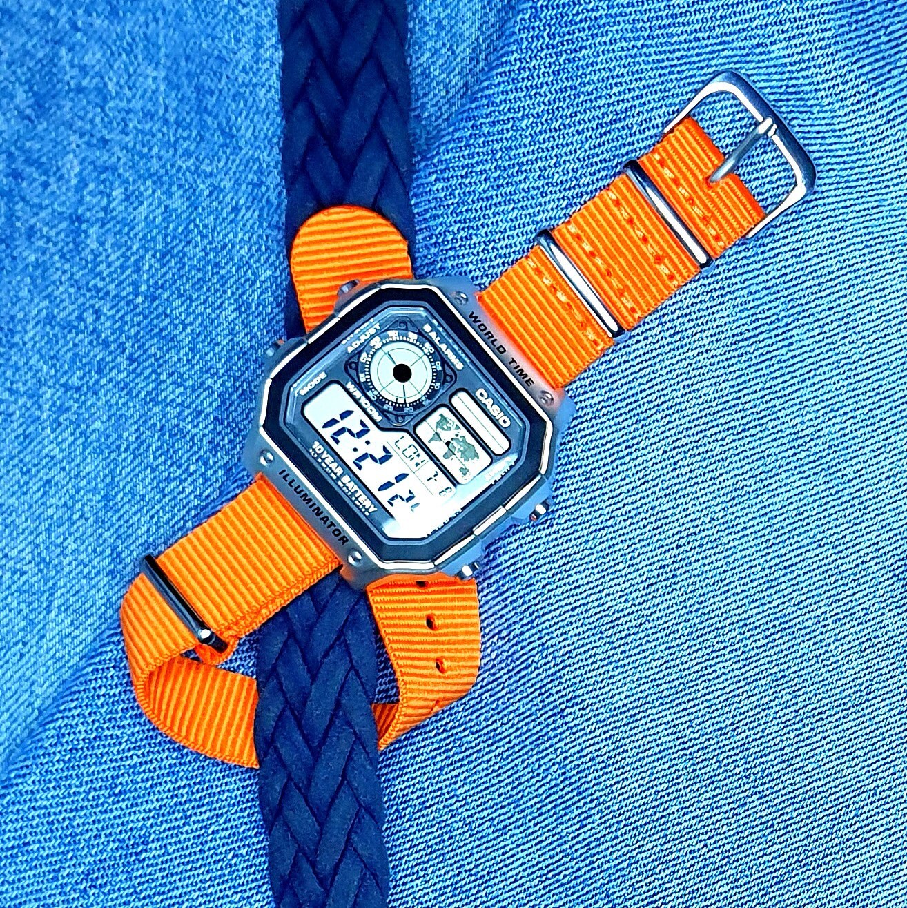 Casio World Time Illuminator Silver Watch With Neon Orange Band