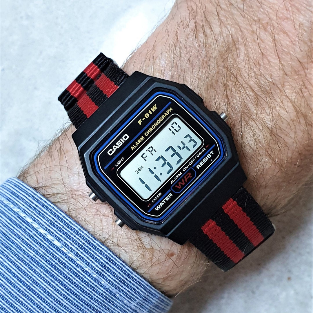Casio F-91 Watch: Red & Black Nylon Strap, Customisable Screen Colour ...