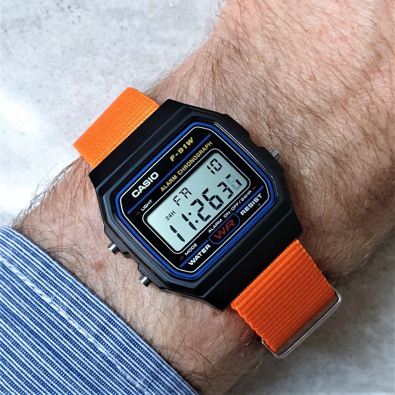 Casio F91 Watch with Neon Orange Nato Strap The Garfield. Etsy