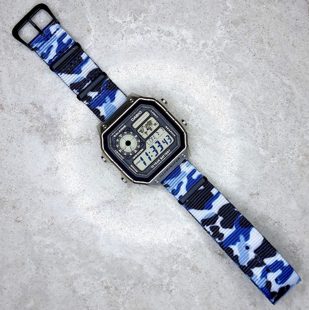 Casio World Time Illuminator Silver Watch With Ice Camo Band, AE ...