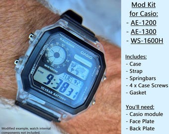 Mod Kit for Casio Royale AE-1200 / AE-1300 / WS-1600H. Transparent Clear Case & black strap / band (watch module not included)