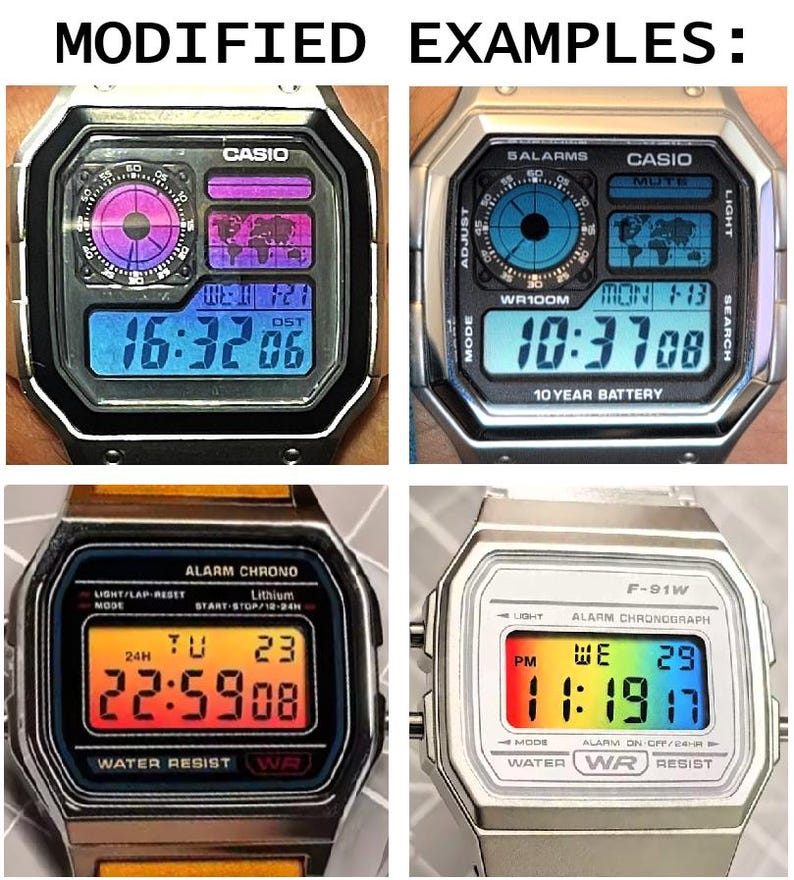Peut inclure: Quatre montres num&eacute;riques Casio avec des bo&icirc;tiers argent&eacute;s et noirs. Les cadrans affichent l'heure, la date et diverses fonctions en couleurs vives. La montre en haut &agrave; gauche affiche 16:32:06. La montre en haut &agrave; droite affiche 10:37:08. La montre en bas &agrave; gauche affiche 22:59:08. La montre en bas &agrave; droite affiche 11:19:17.