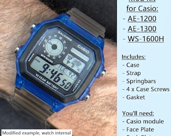 Kit de modification pour Casio Royale AE-1200 / AE-1300 / WS-1600H. Boîtier bleu transparent et bracelet fumé (module de montre non inclus).