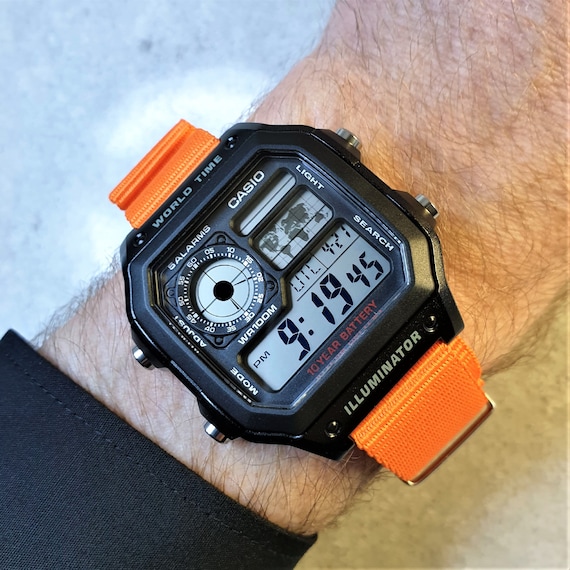 Casio World Time Illuminator Watch With Orange Ballistic Nylon Strap,  AE-1200WH-1AVEF 