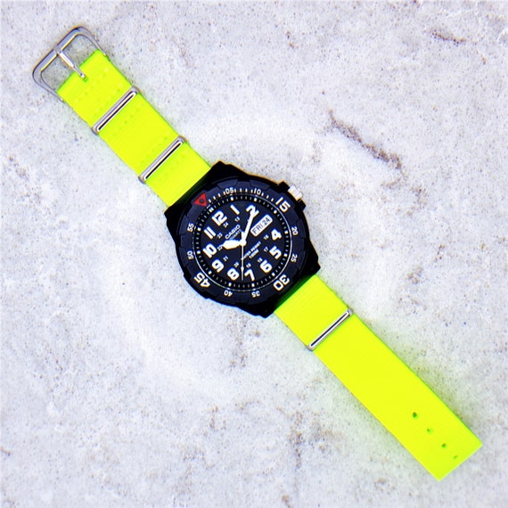 Custom Casio Dive Watch With a Neon Yellow Ballistic Nylon Strap MRW-200H 
