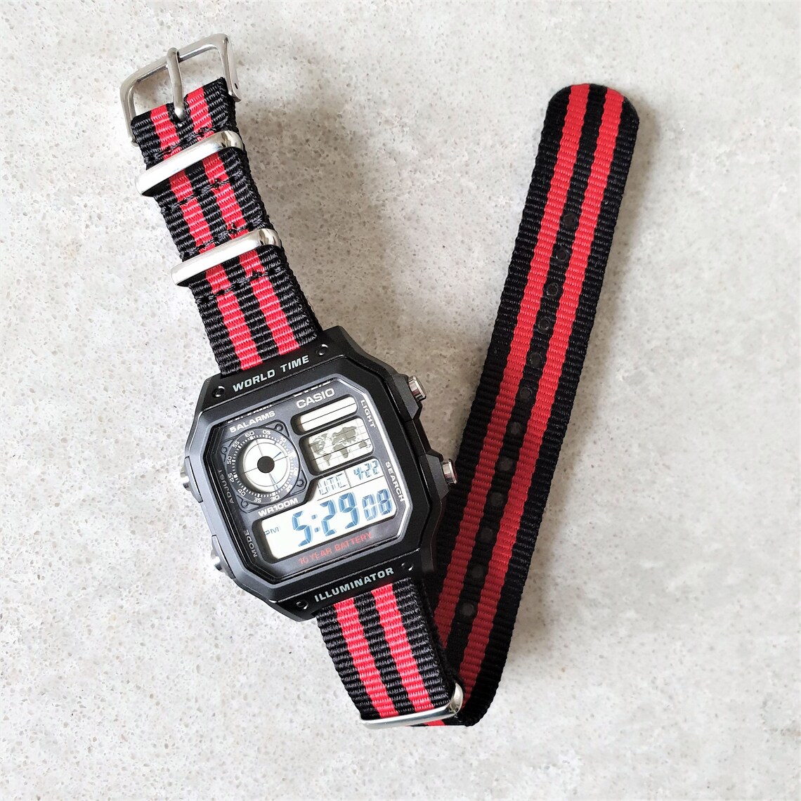 Casio World Time Illuminator Watch With Red and Black Nylon Etsy UK