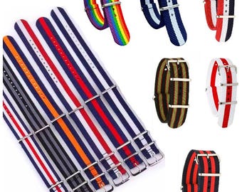 Ballistic Nylon Watch Strap Band with Stripes. Stainless Steel Buckle. Black, orange, blue, grey, red and rainbow. 22mm