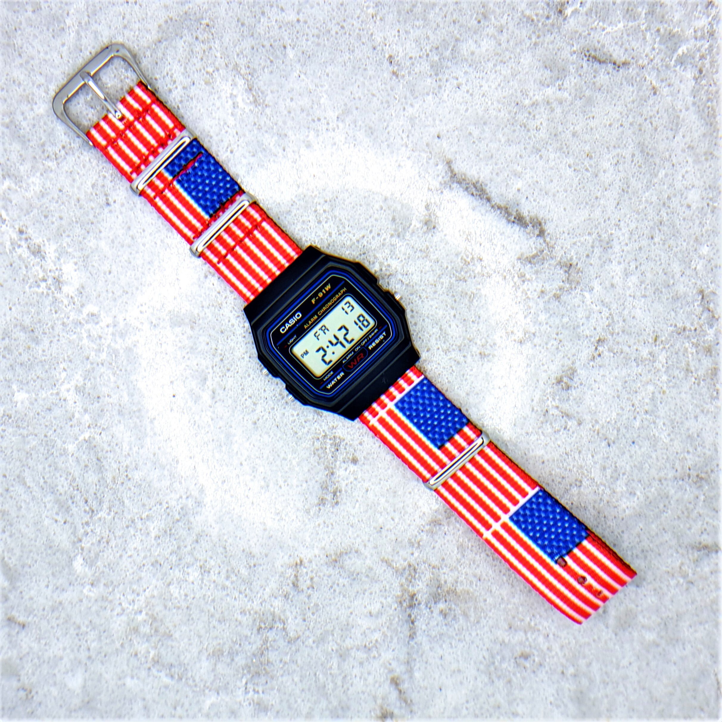 Casio F-91 Watch With American Flag red 