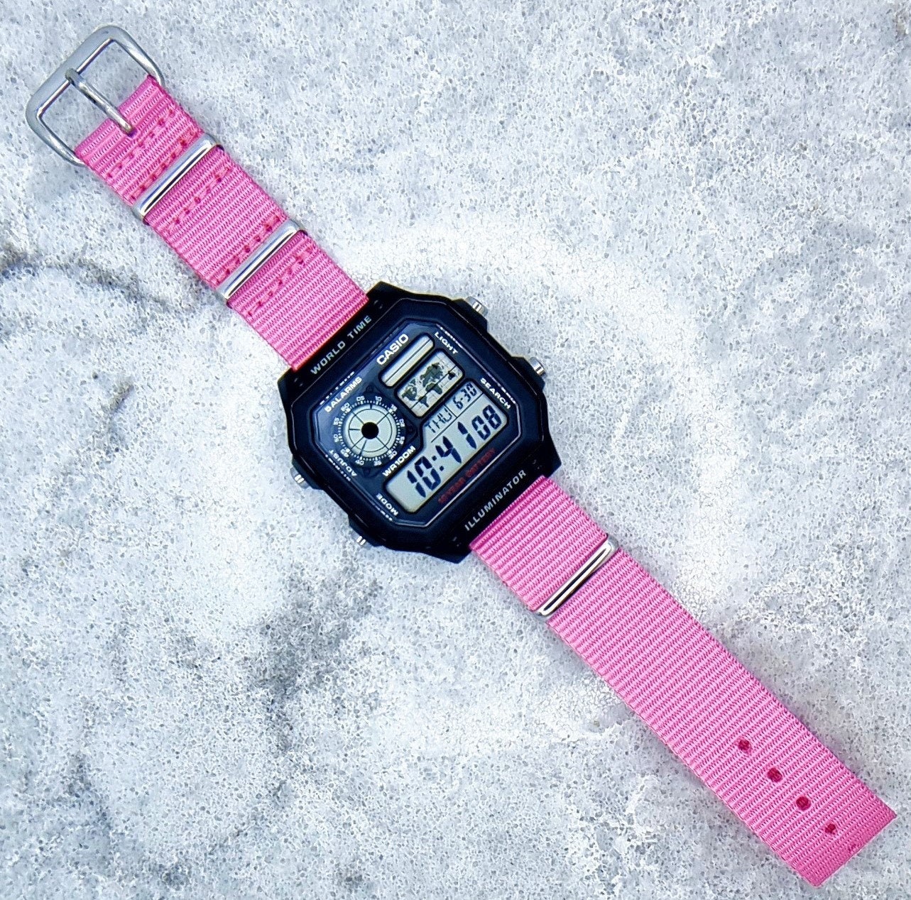 Casio World Time Illuminator Watch With Pink Ballistic Nylon - Etsy