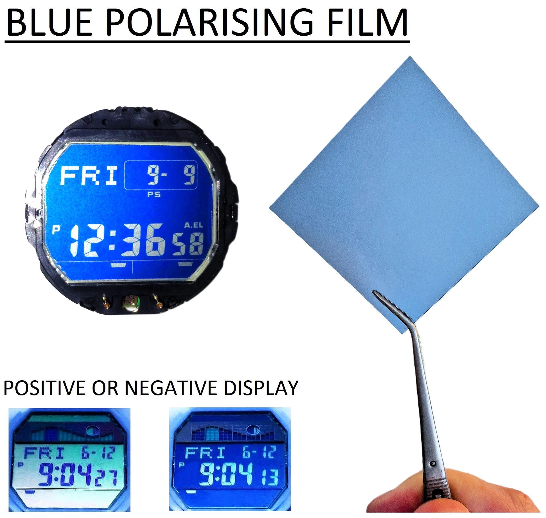 Blue Polarising Film for Digital Watch Mods. Dimensions: (50mm X