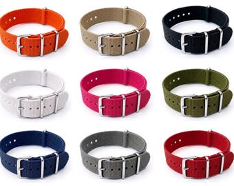 Ballistic Nylon Watch Strap Band. Stainless Steel Buckle. Black, orange, white, green, khaki, navy, grey, pink. 20mm & 22mm