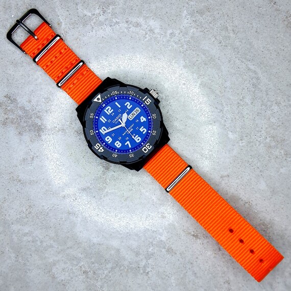 Casio Dive Watch with Blue Dial and Neon Orange Nato Strap | Etsy