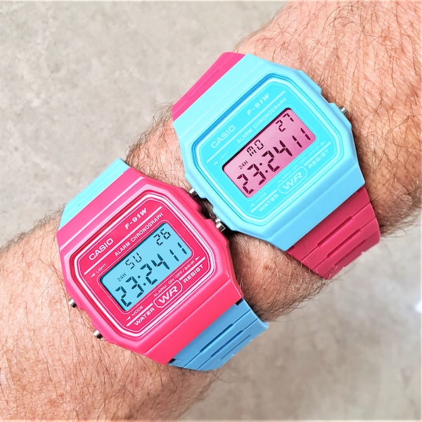 Modification de l'échange de couleur de la montre rétro Casio F-91WC, deux options - bleu clair et rose