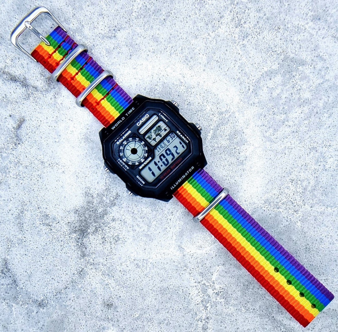 Casio World Time Illuminator Watch With Rainbow Pride Ballistic Nylon ...