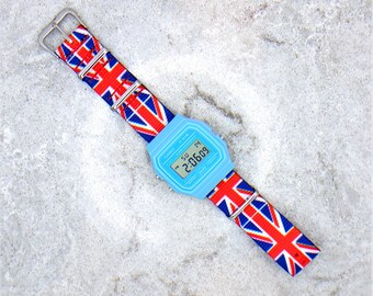 Casio F-91 Watch Blue Edition sur un drapeau britannique, Union Jack nylon Strap. Possibilité d’ajouter un mod Screen Colour, 8 couleurs au choix