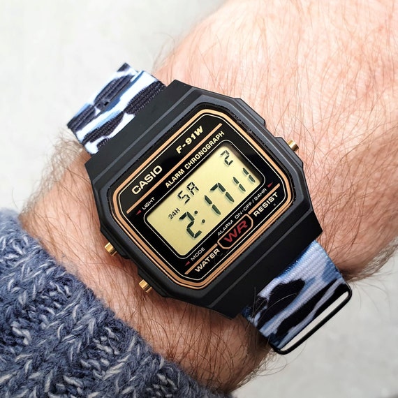Casio F-91 Watch With Navy and Blue Ice Camo Nylon Strap gold - Etsy