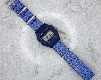 Casio F-91 Watch with Japanese Seigaiha Wave Pattern Nylon Strap, F-91W-1YEF