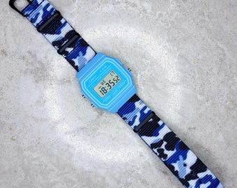 Casio Digital Watch Blue Edition with Ice Camo Ballistic Nylon strap, F-91WC-2AEF