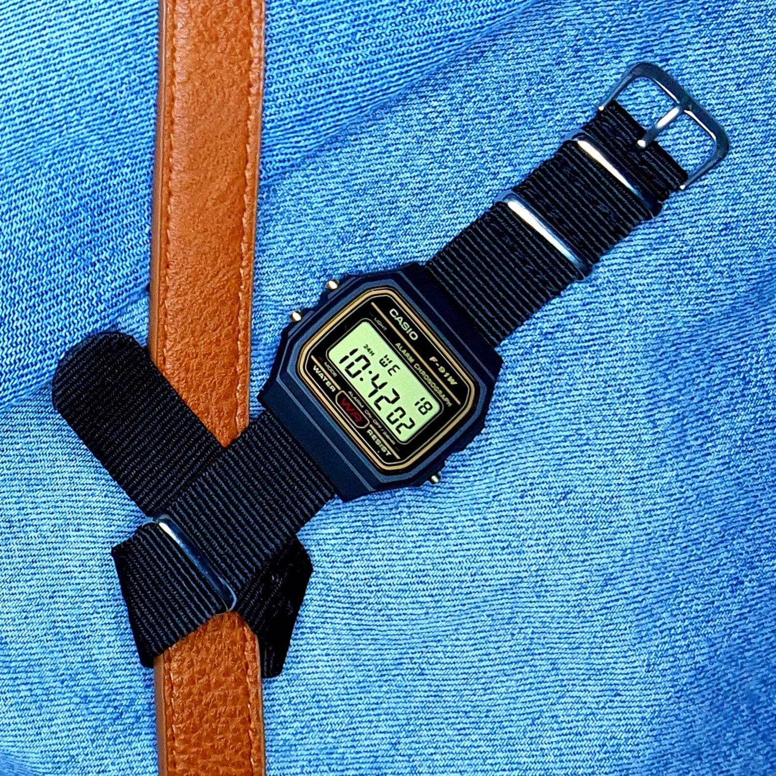 Casio F-91 Watch Gold detail with Black Nylon Nato Strap. | Etsy
