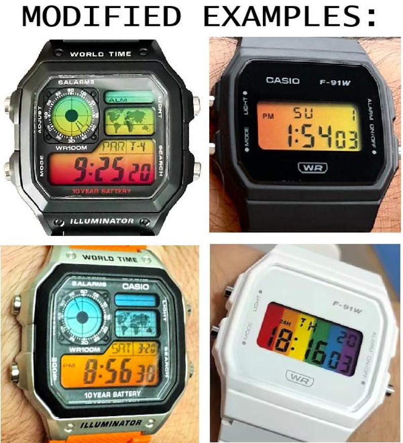 Peut inclure: Plusieurs montres num&eacute;riques avec diff&eacute;rents styles d'affichage. Les montres ont des bo&icirc;tiers noirs, argent&eacute;s et blancs avec des &eacute;crans num&eacute;riques affichant l'heure, la date et d'autres fonctions. Certaines ont des fonctions d'heure mondiale et d'alarme.