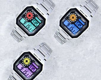 Casio World Time Watch with TWO Colour Screen Mod, pick your own colours, AE-1200WHD-1AVEF