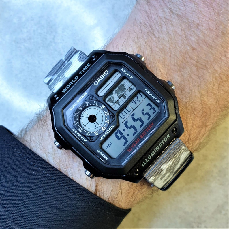 Casio World Time Illuminator Watch With Snow Camo Nylon Strap | Etsy