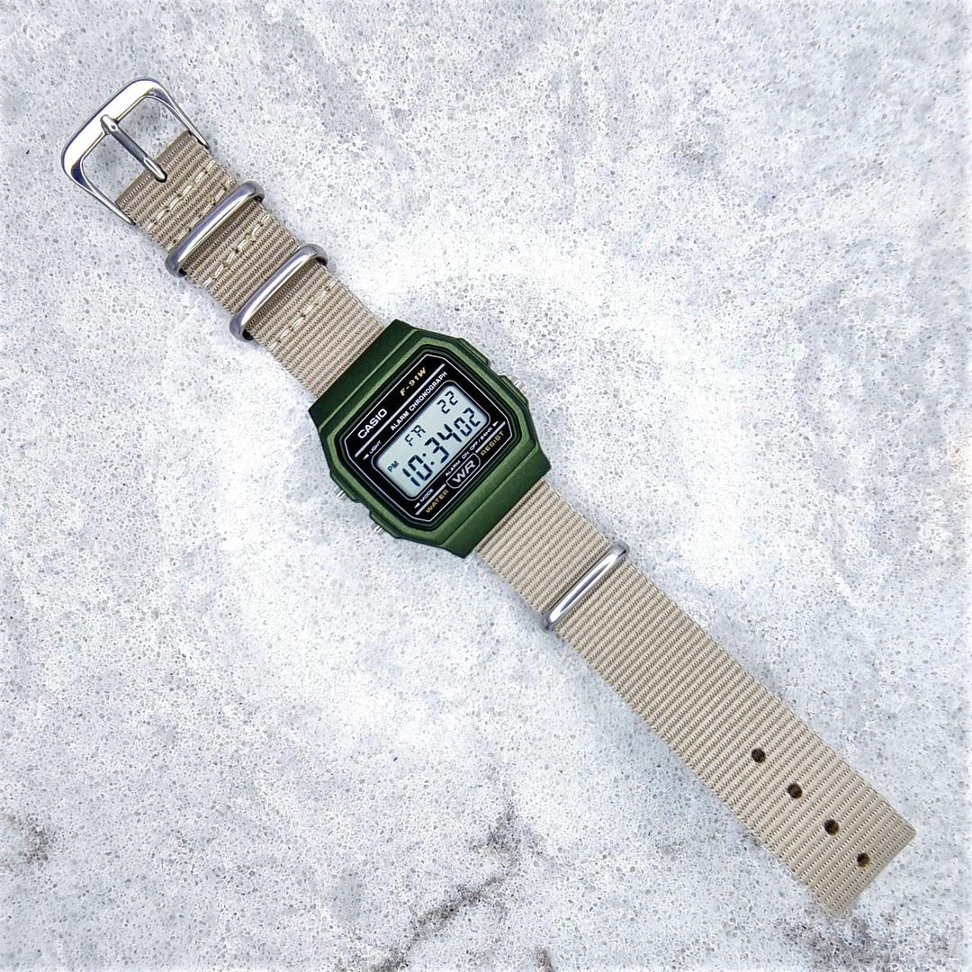 Casio F-91W Watch, Green Edition, on a Beige Ballistic Nylon Strap, F ...