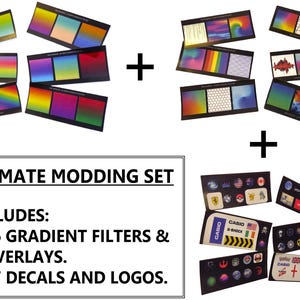May include: An Ultimate Modding Set with 36 gradient filters and overlays, and 57 decals and logos. The image shows various colourful gradient cards and sticker sheets with logos and designs.
