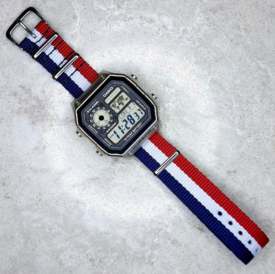 Casio World Time Illuminator Silver Watch With French Flag Nylon Band ...