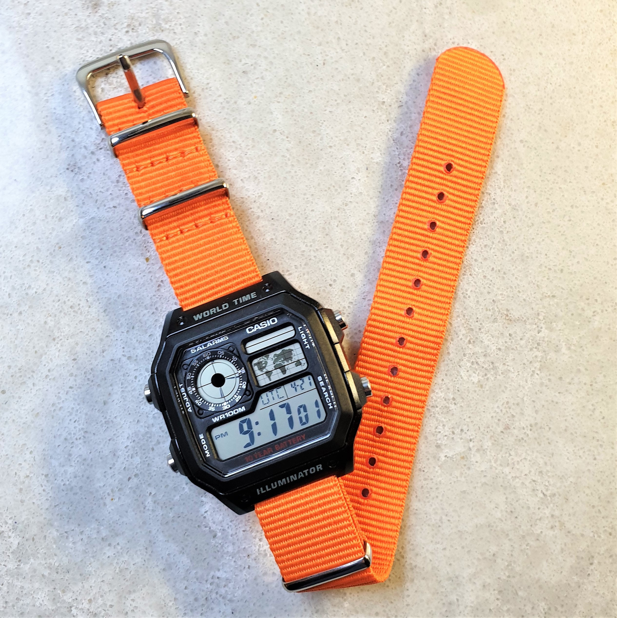 Casio World Time Illuminator Horloge met Neon Oranje Nylon | Etsy Nederland