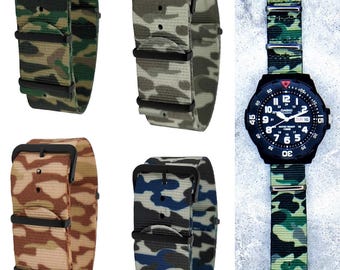 Camouflage Ballistic Nylon Watch Strap: Stainless Steel Buckle (18mm & 22mm)