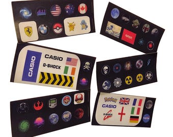 Set de calcomanías y logotipos para modificar relojes: 57 calcomanías/logotipos diferentes. Compatible con cualquier Casio digital: AE-1200, F-91W, A-168 y G-Shock.